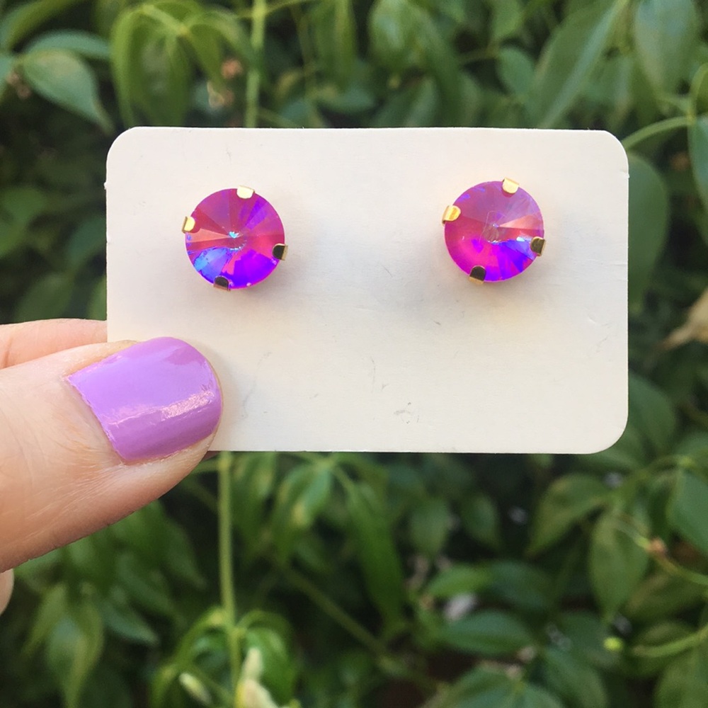 Fuchsia Hot Pink Aurora Borealis + Gold Rivoli Crystal Earrings - Picture 4 of 13
